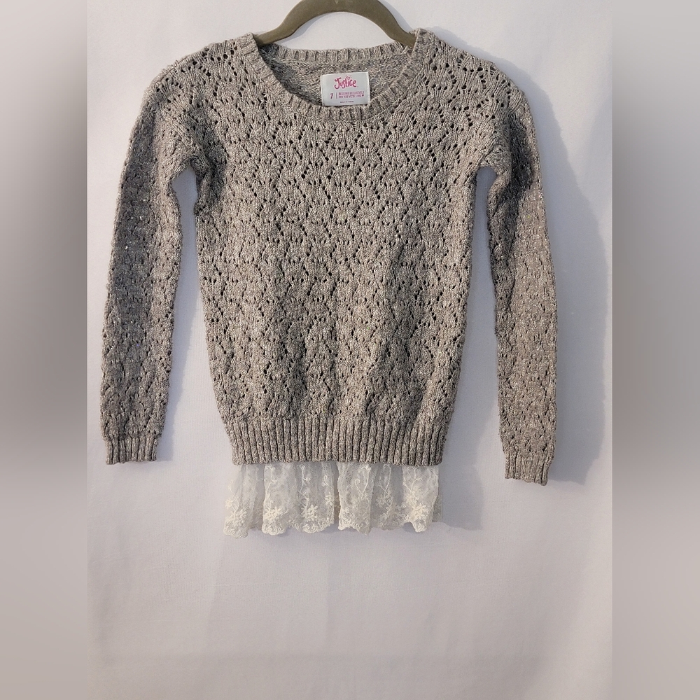 Justice Gray Sweater with White Lace Hem Size 7